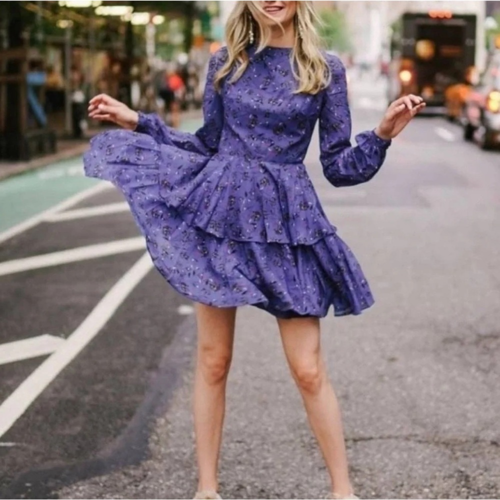 NWT $280 Love by Theia Women's Blue Chiffon Floral Cutout X-Back Dress Size 8